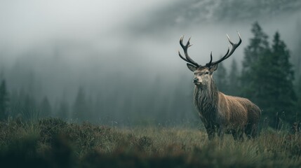 Obraz premium Majestic stag in misty mountain landscape