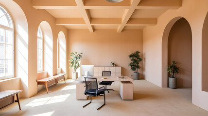 Modern minimalist office interior with arched windows and natural light