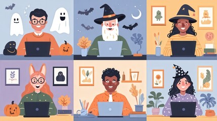 Halloween work from home illustration. People in costumes working on laptops with festive Halloween decorations