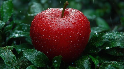 Red apple with water droplets on leaves
