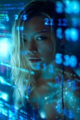 Obraz premium Portrait of a Woman Surrounded by Digital Code