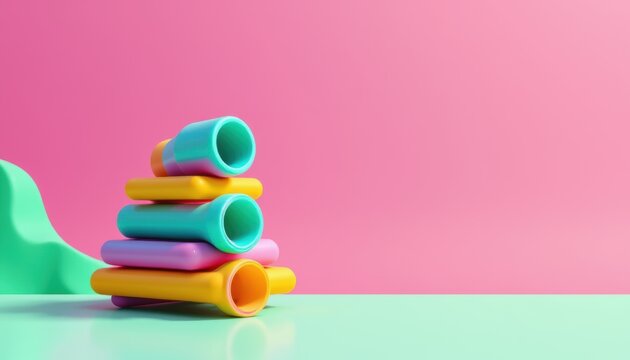 create a 3d illustration of abstract neon pipes of varying heights stacked against an pink and green background under pristine daylight - Powered by Adobe