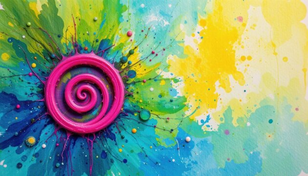 create a colorful abstract image featuring a pink spiral near the edges using the dabbing technique, giving a soft focus effect due to the altered surface roughness of the paper
