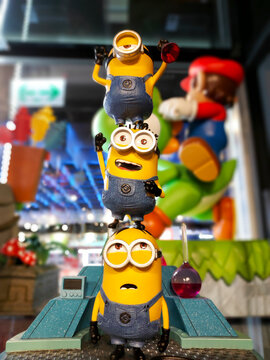 Taiwan, Taipei City &ndash; July 18, 2022: Minions figure model toys displayed and sold inside Syntrend Creative Park. Featuring Stuart, Kevin, and Bob.