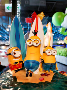 Taiwan, Taipei City &ndash; July 18, 2022: Minions figure model toys displayed and sold inside Syntrend Creative Park. Featuring Stuart, Kevin, and Bob.