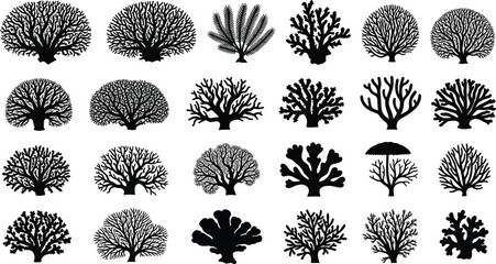 Coral silhouette icon set with 25 unique black marine shapes in bold vector reef style © PixelsWorld