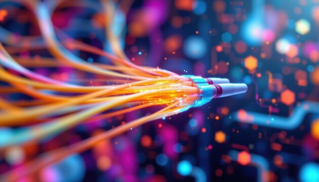 create a colorful and futuristic image featuring new technology, such as fiber cables connected to a puter generated abstract background