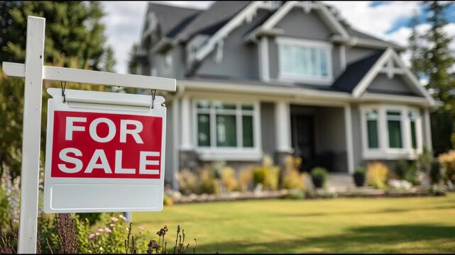 Smooth video walkthrough of modern two-story suburban house with "For Sale" sign, large green yard, soft blurred background, natural lighting, bright and inviting real estate footage