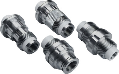 Four metallic industrial connectors with white ceramic inserts and threaded connections isolate technology