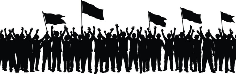 Crowd of people silhouette with raised hands and flags, cheering and protesting, vector graphic for event, rally, or celebration design