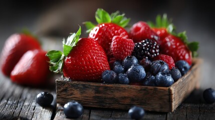 Fresh mixed berries including strawberries, blueberries, raspberries and cherries.