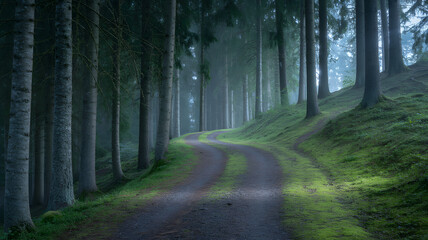 Fototapeta premium A winding dirt path through a dense misty evergreen forest