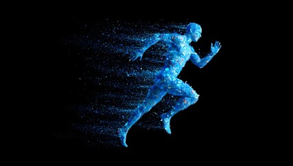 Abstract runner motion speed energy particles blue figure sport performance technology digital 3d art 94