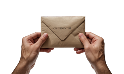 Hands hold sealed confidential envelope on black background, neutral color