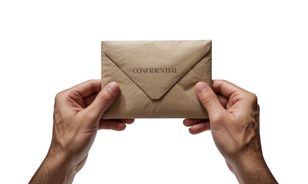 Hands hold sealed confidential envelope on black background, neutral color