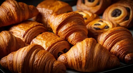 Freshly baked croissants and pastries in a bakery display alluring golden brown texture and inviting breakfast concept food photography close up view