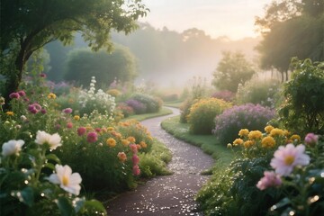 Fototapeta premium Morning misty forest park with river and green trees