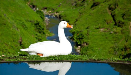 Obraz premium A serene white goose rests beside a tranquil stream, its reflection clear in the calm water, showcasing a picturesque natural scene.
