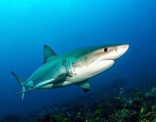 Fototapeta premium Shark swimming in blue water
