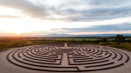 A Serene Sunset View Overlooking a Large Circular Labyrinth
