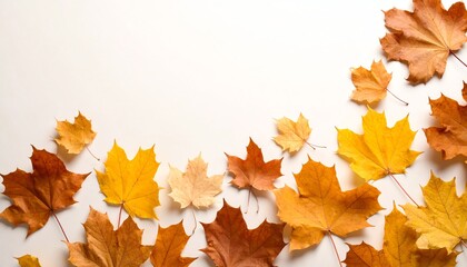 Autumn maple leaves arranged neatly on blank white space, perfect for seasonal themes, invitations, or minimalist fall designs.