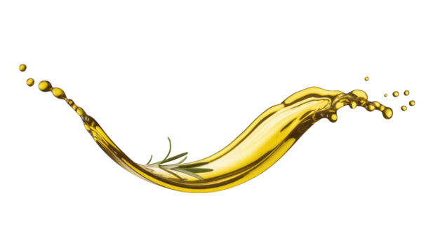 Glossy golden liquid wave with rosemary sprig, splash, isolated on black