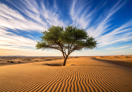 Ghaf Tree Desert Sand Dunes Sunrise