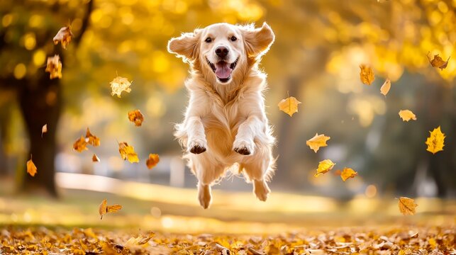 Golden retriever running autumn leaves playful dog seasonal outdoor lifestyle
