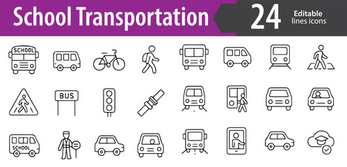 School Transportation Line Icons Set, School Bus, Shuttle, Carpool, Bicycle, Walking Route, Traffic Signs, Editable Formats: AI, EPS, JPG, PNG, Ideal for Both Digital and Print Use
