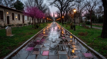 Fototapeta premium A paved walkway, lined with trees and buildings, reflects the soft light of street lamps in the puddles on a tranquil, early morning.