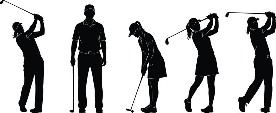 Golf player silhouettes in different swing and putting poses, showcasing dynamic movement and athletic posture