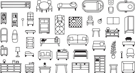 Extensive collection of outlined furniture elements for modern architectural interior design concepts and floor plans