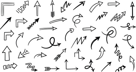 Hand-drawn arrow set with curved, zigzag, looped, and decorative styles for diagrams and graphic design