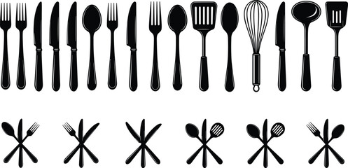 Kitchen utensil silhouette set with forks, spoons, knives, whisk, spatulas in crossed and upright styles © PixelsWorld
