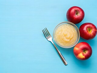 Applesauce apple fork food dessert fruit sweet healthy bowl delicious cuisine gourmet fresh diet