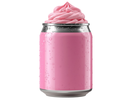 Pink Soda Can With Whipped Cream Topping On White Background: Creative Minimalist Concept Of Refreshing Beverage And Sweet Dessert Combination With Modern Pop Art Aesthetic