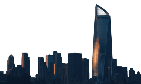 Modern cityscape with prominent, angled skyscraper at sunset