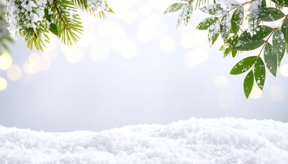 Snowy evergreen branches winter background with soft bokeh lights, frosted leaves, and white snow, perfect for seasonal designs or holiday cards.