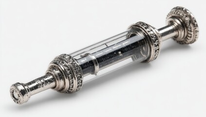Ornate, silver-toned, glass-enclosed writing instrument
