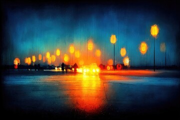 Night city scene, wet pavement, blurred figures, warm lights, vibrant colors