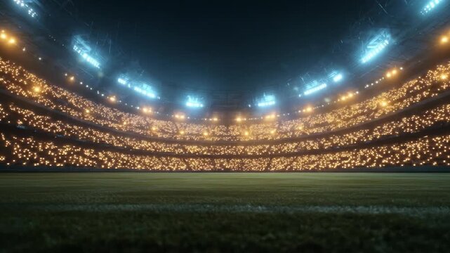 Stadium view at night. Illuminated field, glowing stands, and bright stadium lights create a sense of excitement