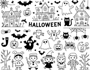 Halloween Fun Doodles  doodles, spooky, haunted house,  vector bundle