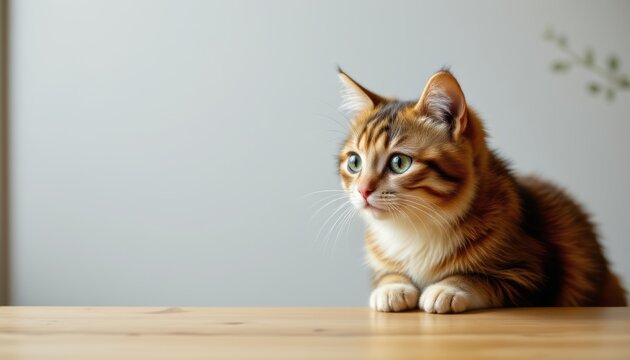 create an image of a charming cat looking over a table with a large, open background, position the cat on the right side of the frame