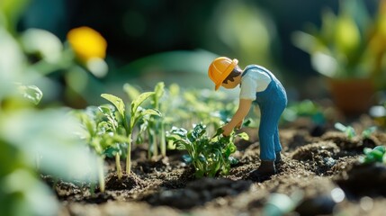 Miniature Gardener Tending to Plants in Vibrant Green Environment