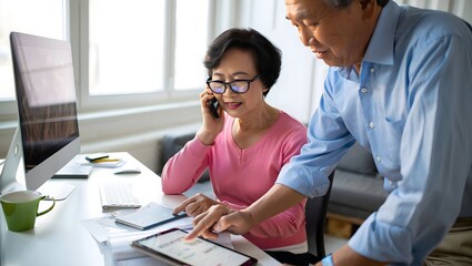Asian senior couple planning retirement finances together with tablet and phone at home office