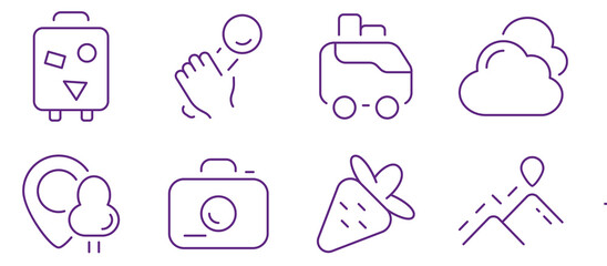 Collection of travel and adventure icons for planning a getaway