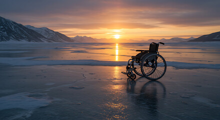 Fototapeta premium An empty wheelchair sits on a vast frozen lake at sunset, with the golden sun reflecting on the ice.