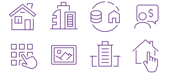 Collection of modern line icons representing real estate and financial concepts