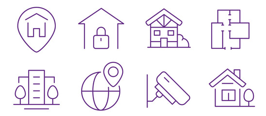 Collection of simple outline icons representing housing, security, and location services