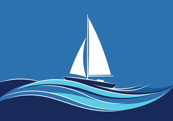 Minimalist Sailboat on Blue Ocean Waves